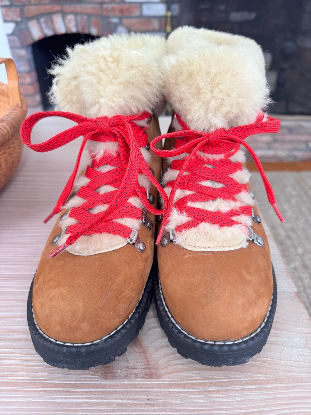 J. Crew Women's Shearling-Lined Brown Suede Boots - Tan with Red Laces EUC Sz 9M